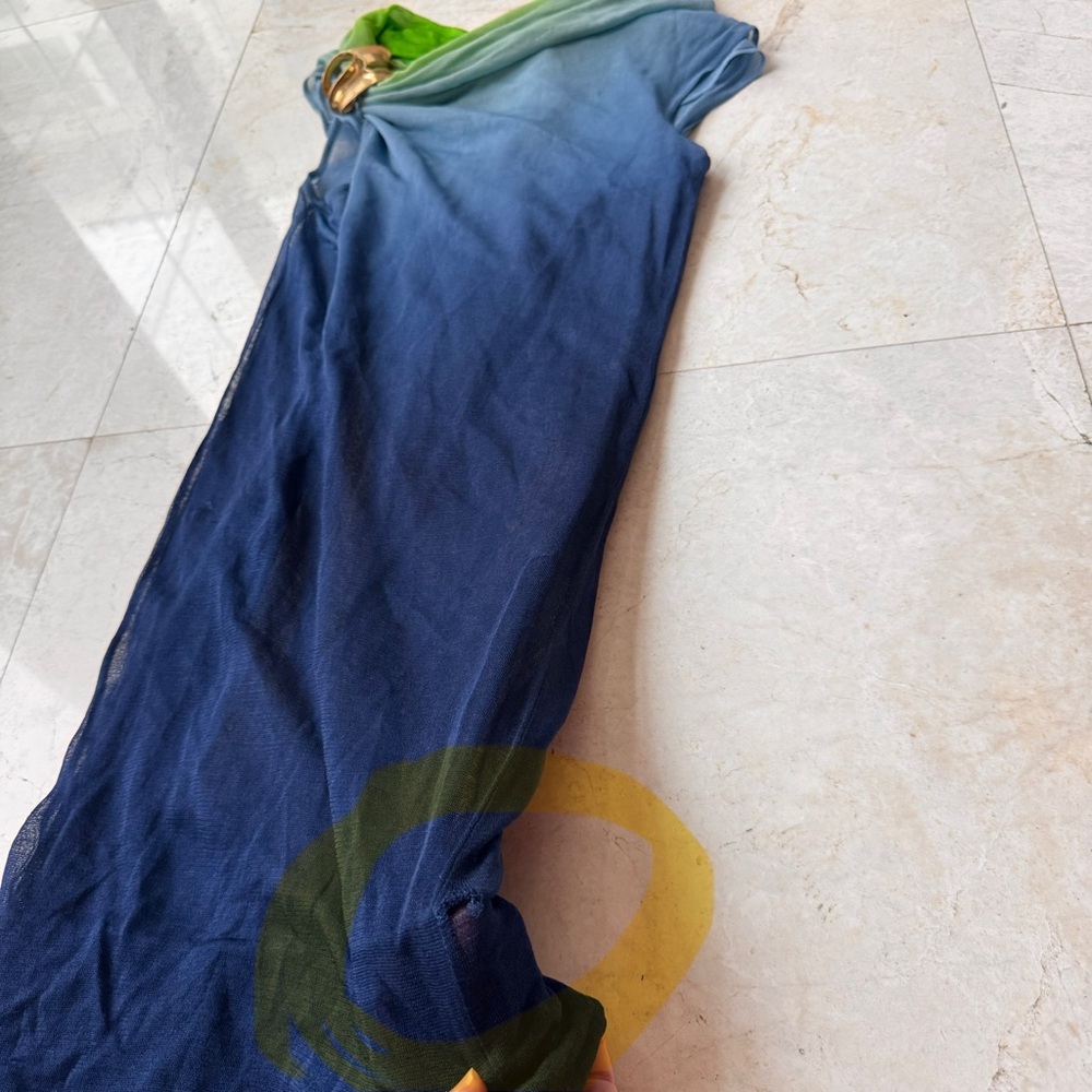 Ferragamo Silk Asymmetrical blue and Green Ombre Maxi Dress size M - Picture 9 of 16
